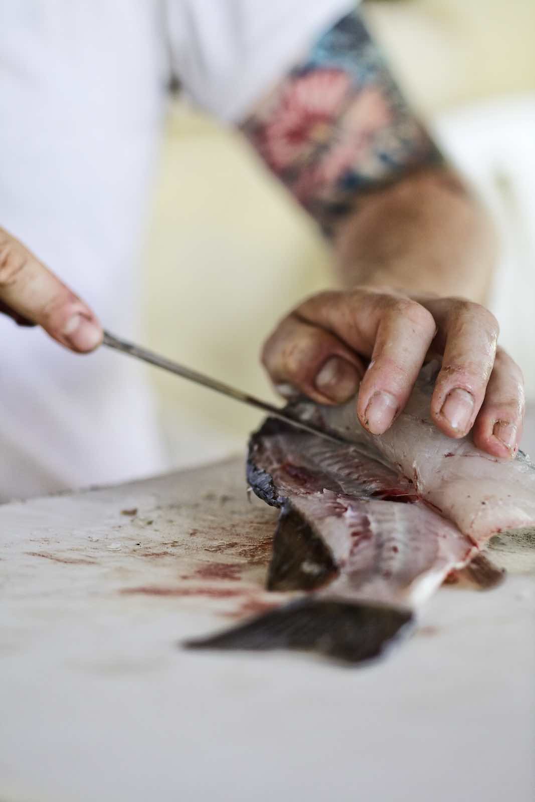 Jody Horton Photography - Chef hands filleting fish on a bloody cutting board.