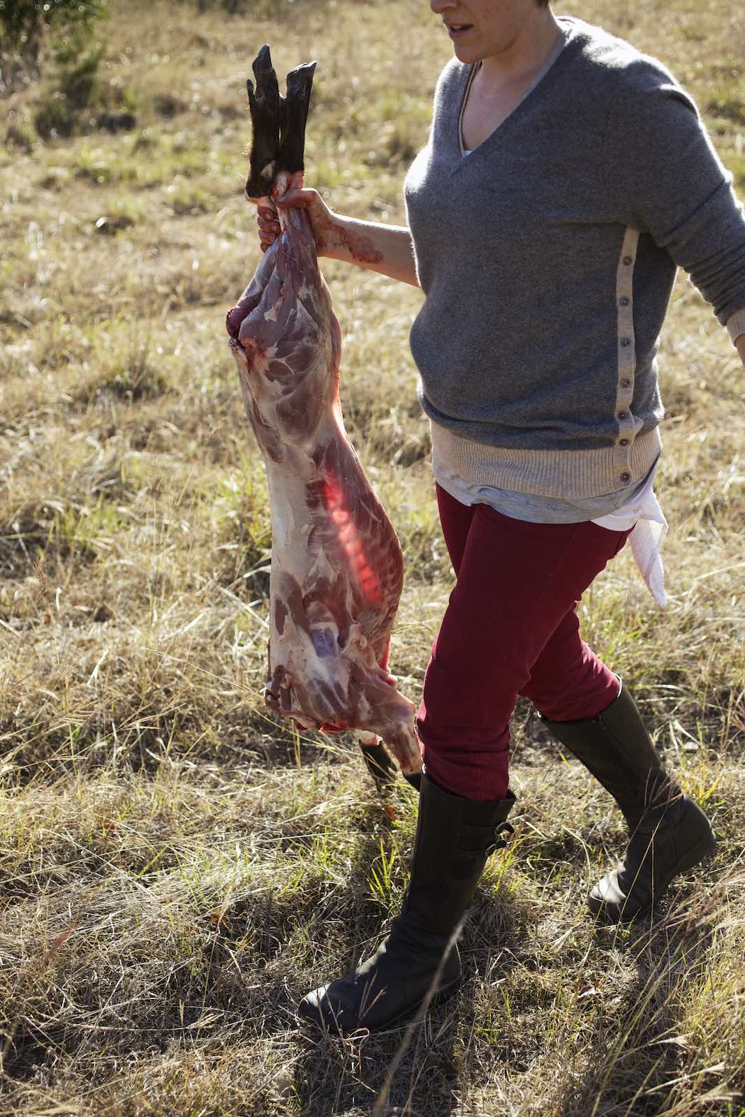 Jody Horton Photography - Chef carrying skinned feral hog body through dry grasses.