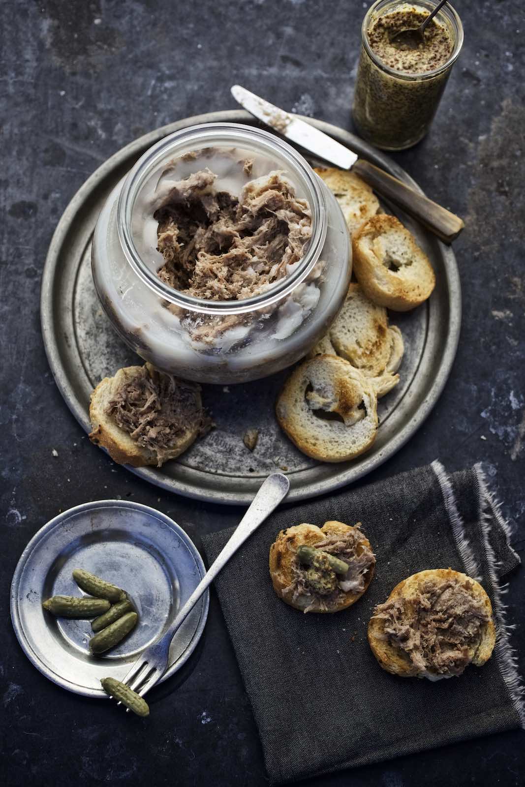 Jody Horton Photography - Duck spread, cornichon pickles, and crostinis on a rustic plate. 
