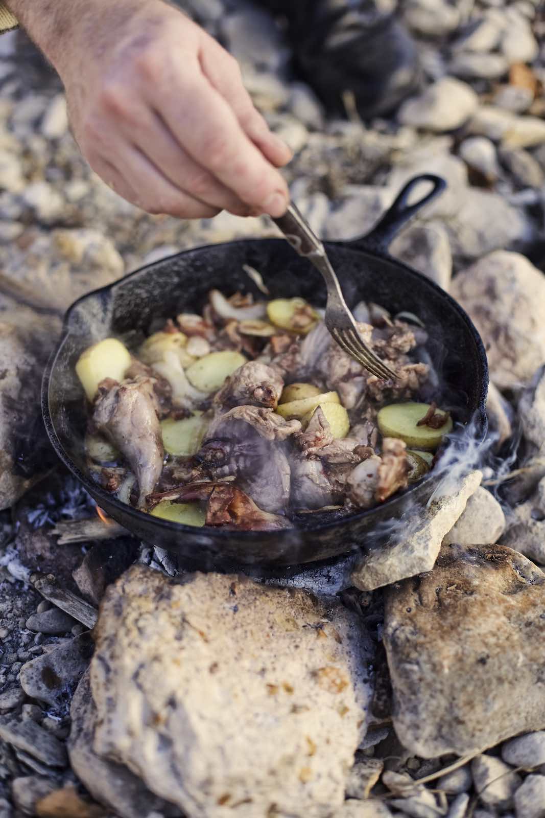 Jody Horton Photography - Meats and vegetables cooking in a cast iron skillet on an camp fire.