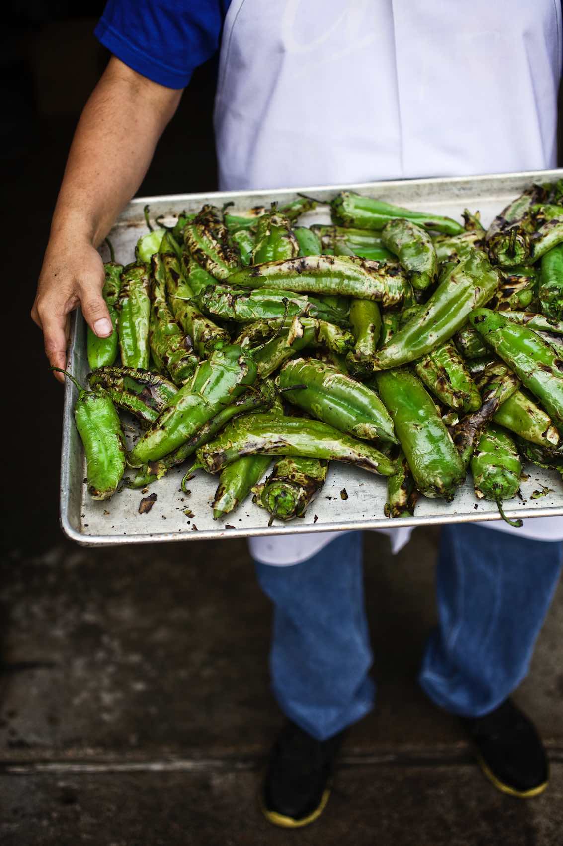 Jody Horton Photography - Roasted poblano peppers on metal sheet tray. 