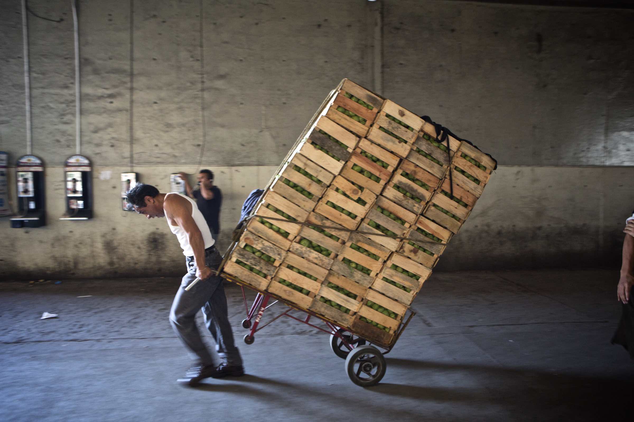 Jody Horton Photography - Man hauling carts of produce through a concrete hall. 