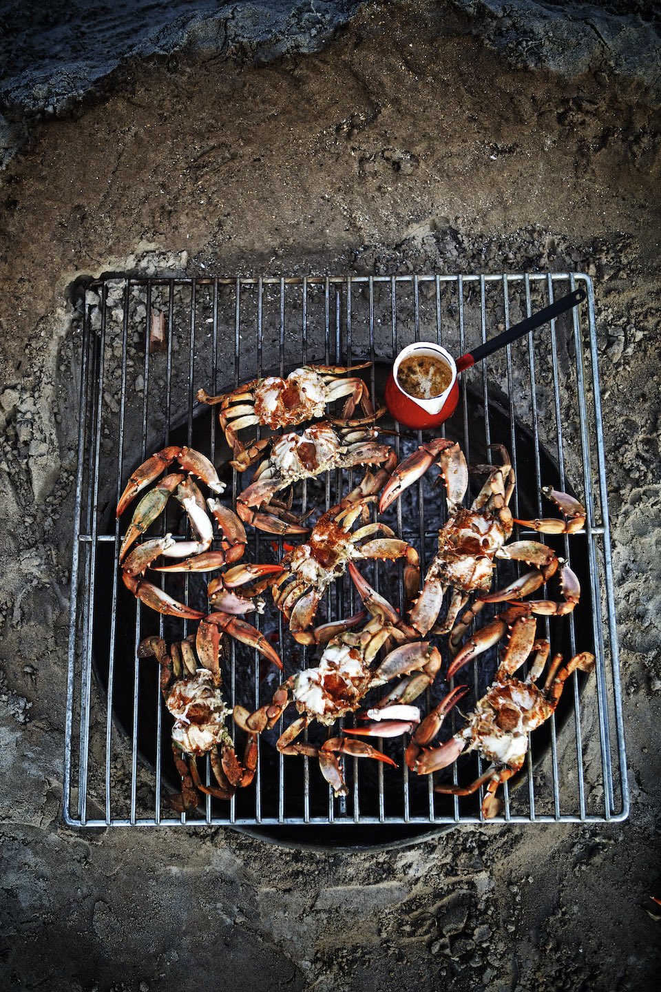 Crabs cooking on a charcoal grill. 