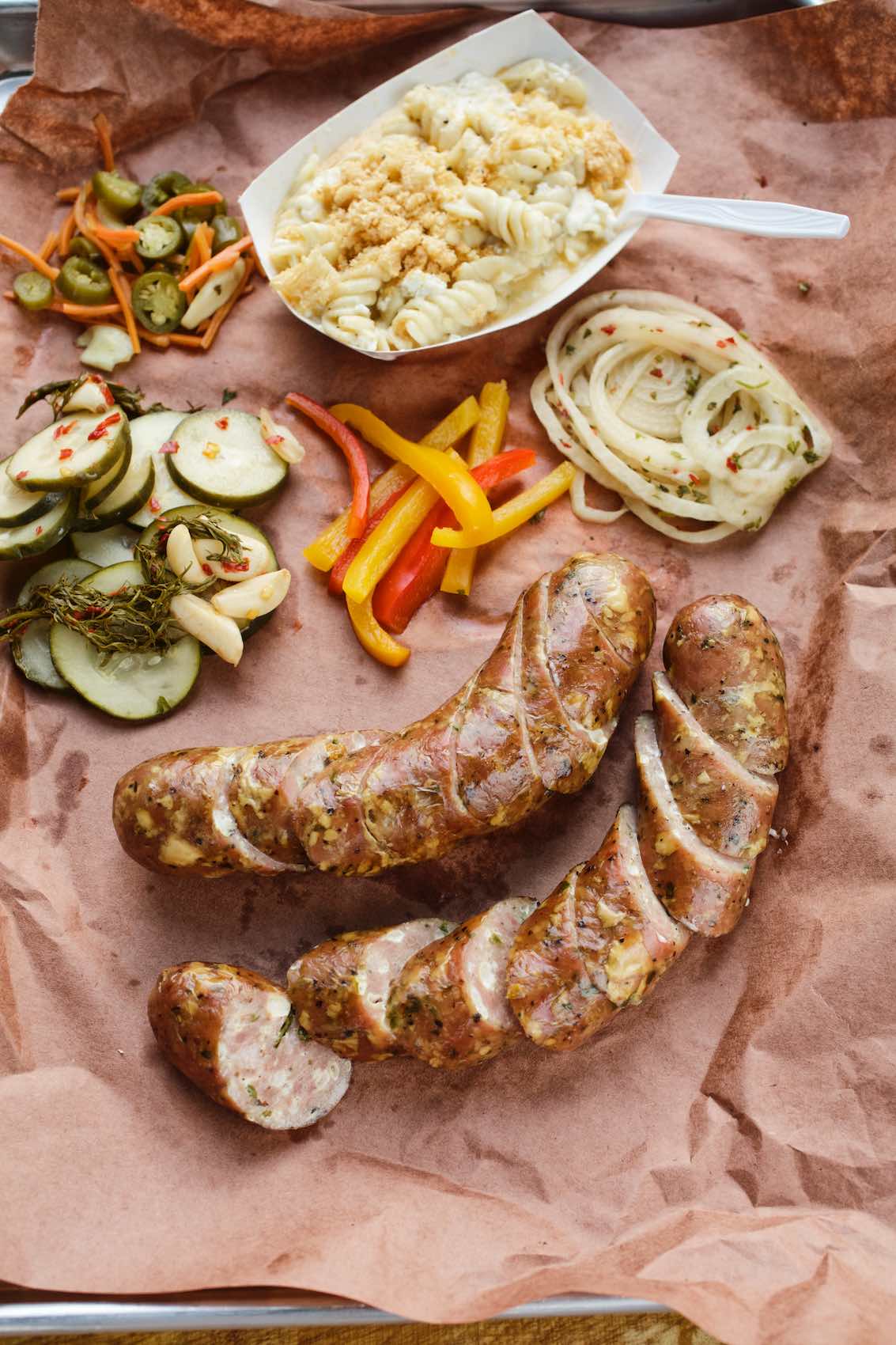 Jody Horton Photography - Sausage barbecue spread on parchment.